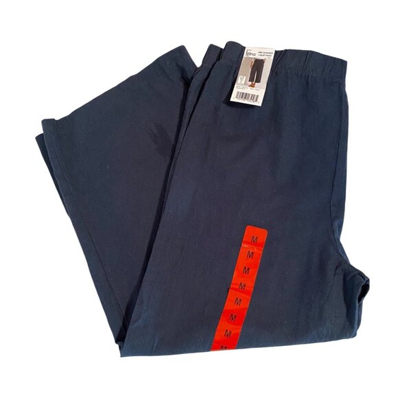 FELINA Pre-Washed Crop Pants MED Navy Elastic Waist Cotton Linen Blend - Picture 1 of 7
